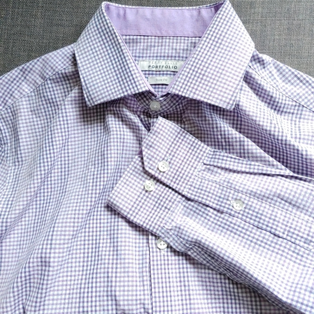 Perry Ellis | purple & white gingham check mens dress shirt / portfolio